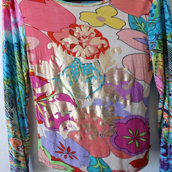 Chaudry KC Women's Long Sleeve Floral Metallic Paisley Babydoll Top S Multicolor - Picture 2 of 14